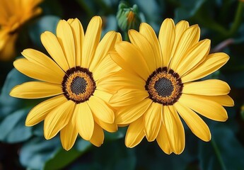 Obraz premium two bright yellow daisy-like flowers with dark centers against green foliage, radiant and cheerful close-up