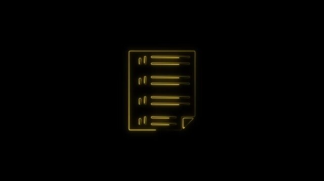 Luminous yellow neon document icon displaying a list with progress bars, ideal for business concepts.