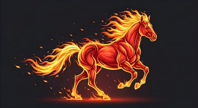 Powerful stallion made of roaring flames running against a dark background, mythical fire horse illustration.