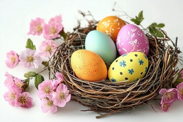 Obraz premium pastel hand-painted eggs resting in a twig bird nest surrounded by pink cherry blossoms, evoking cheerful springtime and delicate festive warmth