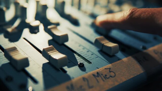 Sound Engineer Adjusting Faders On Professional Mixing Console.  Music Producer Working With Audio Mixer In Recording Studio
