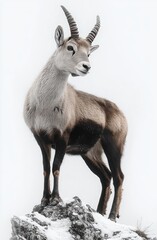 Obraz premium alert mountain goat with curved horns standing proudly on a snow-covered rocky ledge, calm and majestic in winter