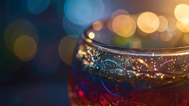 Close-up of Colorful Soda Glass with Bubbles and Light Reflections.