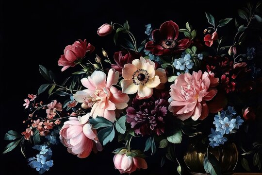 lush bouquet of pink peonies, cream anemones, deep red blooms and blue wildflowers in golden vases against a deep black background, dramatic romantic mood