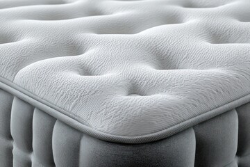 Naklejka premium close-up of tufted white mattress corner with quilted textured surface and edge piping, plush inviting soft comfort evoking restful sleep