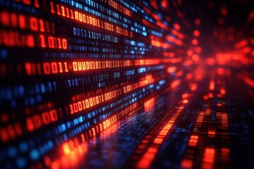 Obraz premium glowing red and blue binary code streaming through a deep digital tunnel with reflections and intense high-tech energy