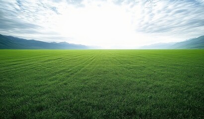 Fototapeta premium Expansive lush green field with mowing lines stretching to distant mountains under a glowing sunrise and soft clouded sky, evoking calm and openness