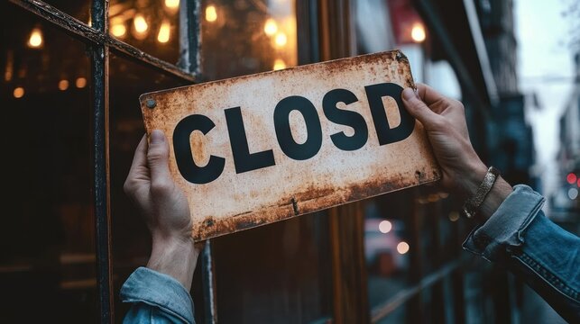 hands holding a rusty weathered sign reading 'CLOSD' in front of a lit storefront window at dusk, evoking quiet closure and melancholy