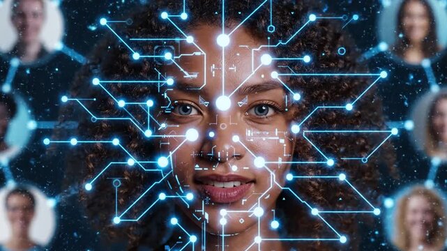 A woman's face is surrounded by a network of glowing blue lines and dots representing advanced technology and digital connections in a futuristic setting