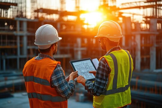 two construction workers in hard hats and high-visibility vests examine a digital blueprint on a tablet at a steel-framed construction site at sunset, focused and collaborative