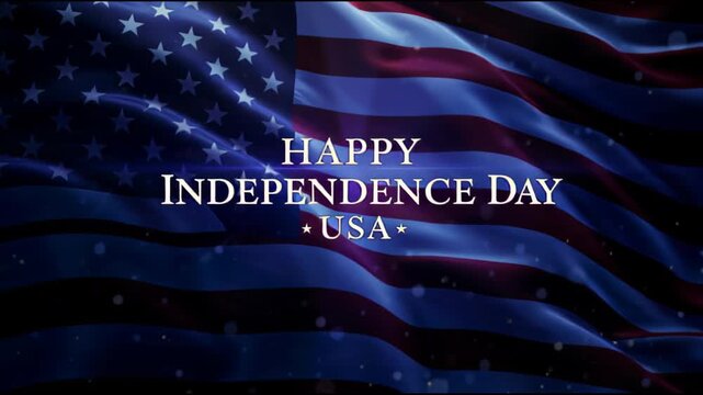 USA patriotic red white blue celebration design for 4th of July event promotion, Happy 4th of July greeting animation, lettering text with waving USA flag background and fireworks splash