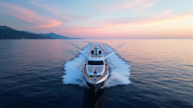 stunning aerial cinematic high angle drone perspective following a black luxury performance yacht slicing through emerald ocean water near rugged volcanic island landscape dramatic clouds overhead hig