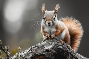 Obraz premium curious red squirrel perched on a lichen-covered log with alert expression and fluffy tail