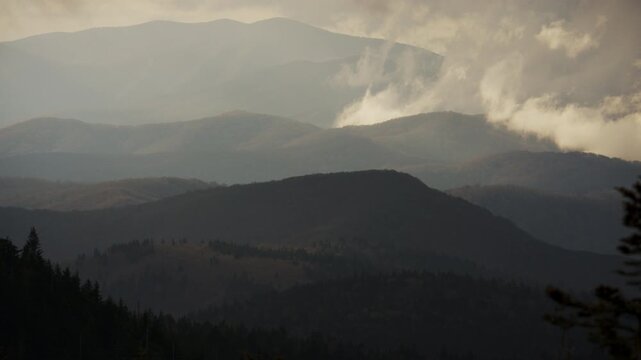Colorful autumn forest in Great Smoky Mountains under cloudy sky, scenic mountain landscape. zoom shot