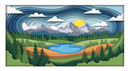 Paper cutout landscape featuring mountains lake trees and sunlight