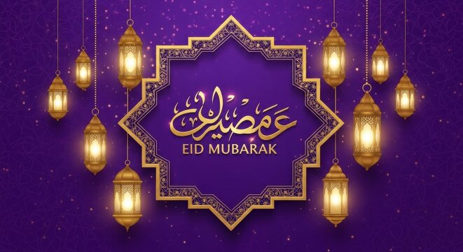 Ramadan Kareem and Eid Mubarak calligraphy with hanging lanterns festive Islamic decoration for religious celebration elegant purple background with bokeh lights