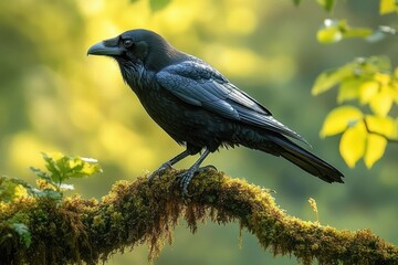 Fototapeta premium watchful black raven perched on moss-covered branch in sunlit forest with iridescent feathers and blurred green background