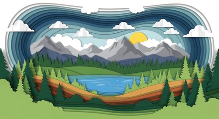 Papercut landscape design of mountains lake forest and sky in layered illustration