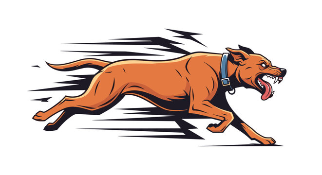 Fierce brown dog wearing a blue collar running fast with an aggressive expression and tongue out amidst dark speed lines.