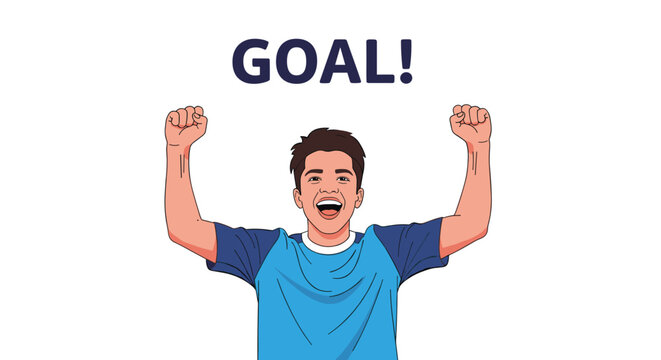 Excited young man in a blue sports jersey raising his arms and shouting for joy under a large goal text announcement.