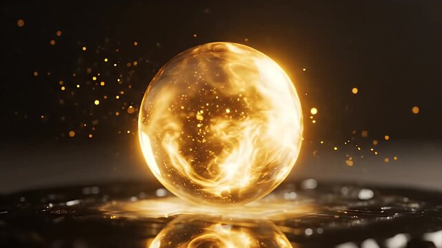 Glowing Golden Orb Pulsating with Fiery Energy and Golden Sparks on Reflective Surface