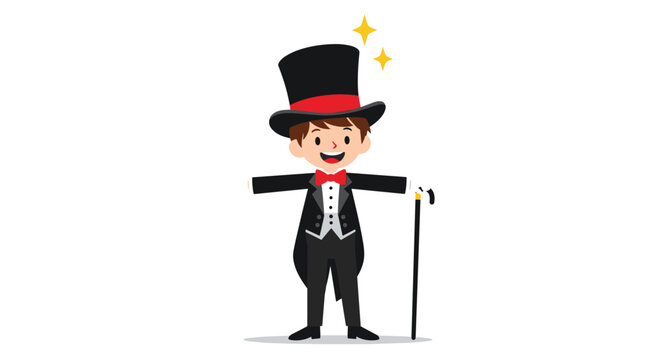 Professional magician wearing a black tuxedo and top hat standing with a cane and ready to perform a magic trick.