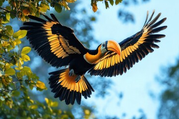 Fototapeta premium Majestic colorful toucan in midflight with outstretched black and orange wings, bright curved orange beak, soaring from green leafy branch against a clear blue sky, vibrant and energetic