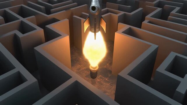 A rocket emerges from a maze with an illuminated lightbulb at its center, symbolizing innovation and escape from complexity, viewed from directly above