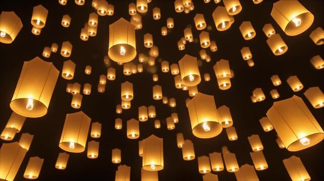 Numerous glowing lanterns suspended in mid-air against a dark background, viewed from above, creating a serene atmosphere