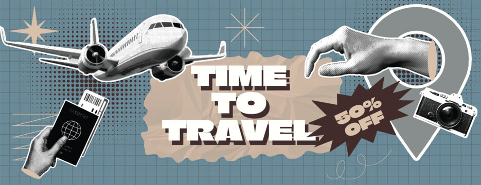 Retro Vintage Pop Art Comic Style Halftone collage Travel Agency Banner Template for summer vacation banner Time to travel banner with airplane, passport, camera, and discount on blue grid background