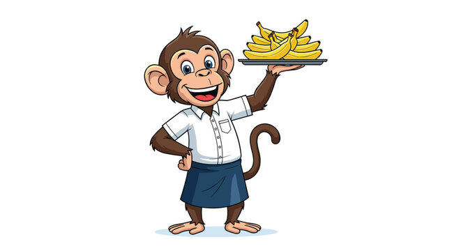 Cheerful monkey waiter wearing a white shirt and blue apron balances a silver tray full of ripe yellow bananas while smiling in a cartoon art style.