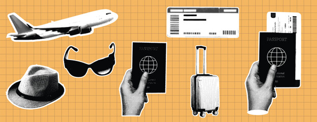 Retro Vintage Pop Art Comic Style Halftone collage paper cutout Travel accessories for summer vacation banner Travel elements collection with airplane, hat, sunglasses, passports, ticket, and luggage © Nusrat