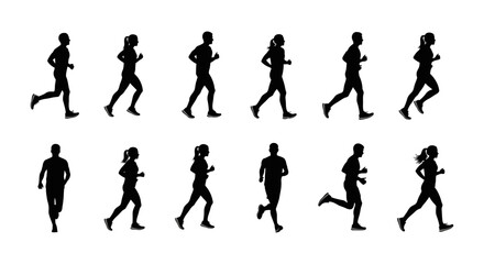 Fototapeta premium dynamic running people silhouettes male and female depicted in various action poses against a clean white background ideal for fitness sports and active lifestyle content.