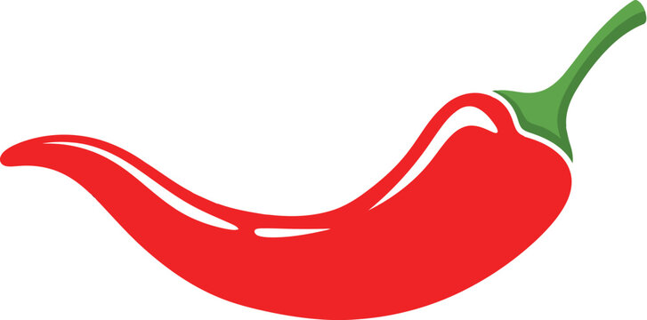Single red chili pepper vector illustration with a green stem, depicted with a smooth, slightly curved shape and subtle highlights, rendered in a flat graphic style. isolated on White Background