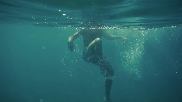 Swimmer Moving In Deep Blue Sea. Recreation In Clear Ocean Water. Mediterranean Holiday Wellness