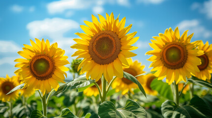 Fototapeta premium Sunflower field with cloudy blue sky. Sunflowers landscape