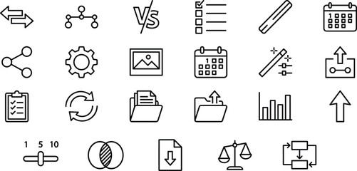 Fototapeta premium Business and interface icon set with arrows, calendar, checklist, settings, upload, download and analytics symbols outline vector collection for web and app design