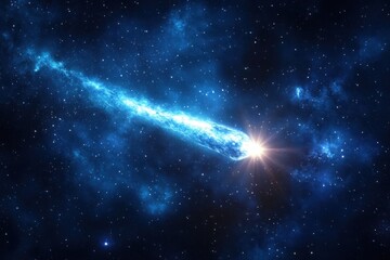 Fototapeta premium bright blue comet with glowing head and long luminous plasma tail streaking through a starry nebula, evoking awe and cosmic motion