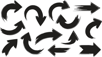 Obraz premium A collection of black brush stroke arrows pointing in various directions on a white background for design and navigation purposes