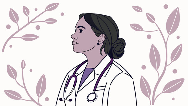 Confident Female Doctor with Stethoscope and Floral Accents.