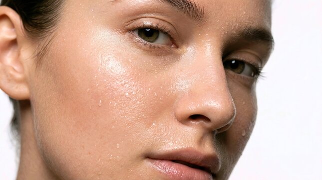 extreme close up of young woman face with wet sweaty skin for skincare and beauty concept