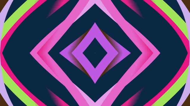 Vibrant abstract geometric pattern with striking diamond shapes and symmetrical lines, creating a modern and dynamic visual background. Kaleidoscopic pink, purple, and green on a deep blue canvas