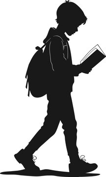 Silhouette of a young boy walking and reading a book carrying a backpack.