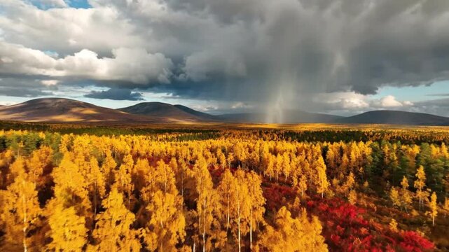 cinema aerial tilt view flying above vibrant autumn color forest revealing rolling fjeld tunturi mountains on a sunny and rainy fall day near pallas yllas national park lapland finland ultra realistic
