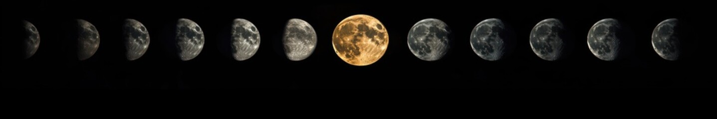 Fototapeta premium row of lunar phases across a black sky with a glowing golden full moon in the center surrounded by dim silver crescent and gibbous moons, serene and mysterious mood