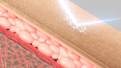 Skin cells are nourished with a serum drop and protected from sun damage, forming a base for a 3D skincare and sunscreen regimen.