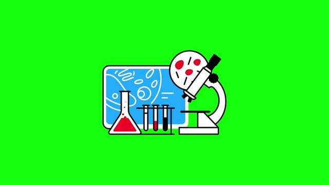 Looping 2D animation of a cartoon science lab setup: microscope gently bobbing, test tubes subtly bubbling (red liquid rising slightly),isolated on bright green chroma key background.