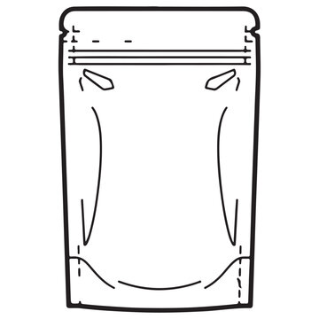 Minimalist line art illustration of a stand-up pouch packaging representing a flexible doypack with a zip lock seal, ideal for food storage, coffee beans, or retail product mockups.