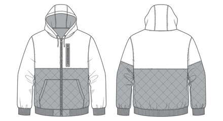 fashion flat sketch of a mens two-tone hooded quilted jacket featuring a front zipper and kangaroo pocket essential for apparel design.