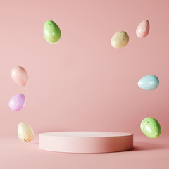 Pastel easter eggs floating around pink empty podium. 3D rendering
